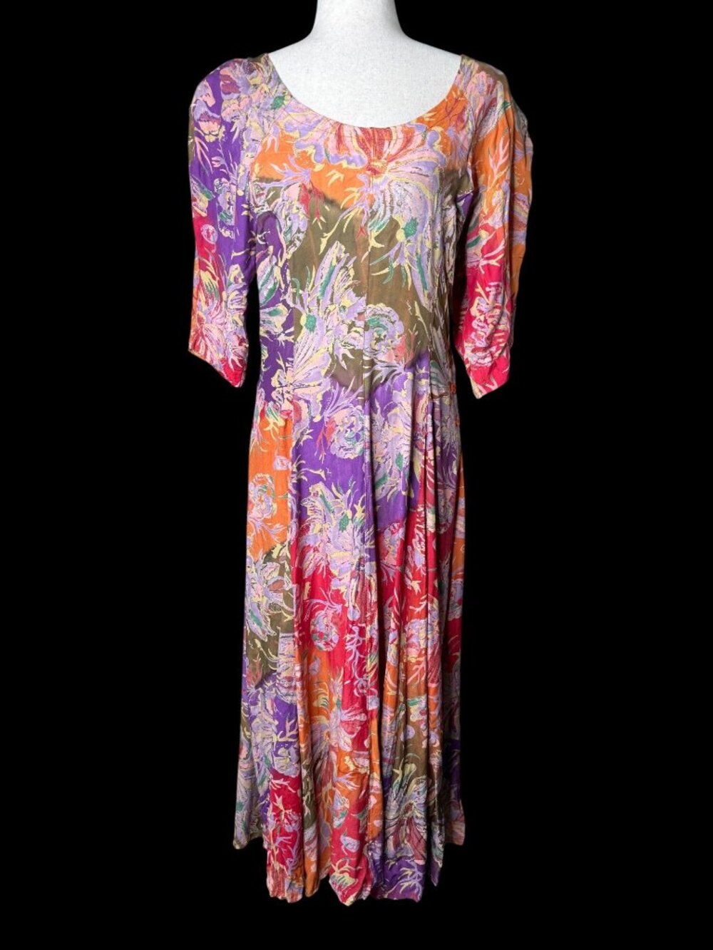 Vintage 1980s Star Of India Rayon Floral Maxi Dress L Retro Boho Festival L Read